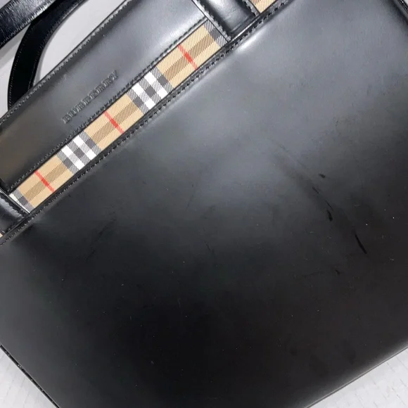 Authentic Vintage Burberry Black Leather Tote Bag – Nova Check Trim & Lining - Picture 2 of 11
